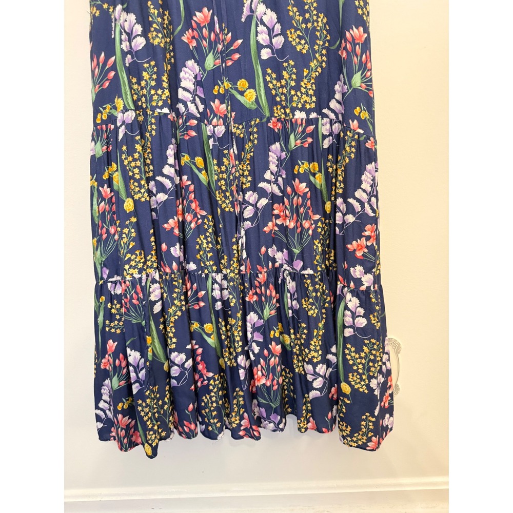J.McLaughlin Silk Blend Floral Tiered Midi Dress Blue Ruffle Neck Pockets XL - Picture 10 of 12